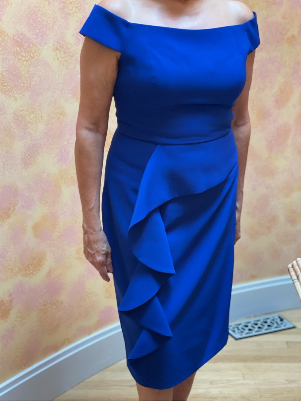 Vince Camuto royal blue, off-the-shoulder, front peplum to ruffle Dress-size 10